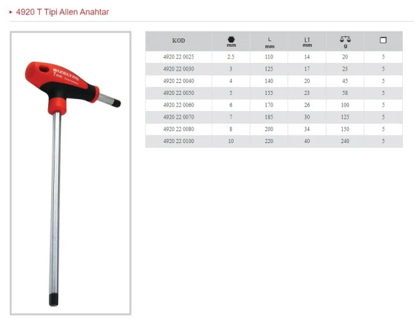 İZELTAŞ 8 T TİPİ ALLEN ANAHTAR 4920 22 0080