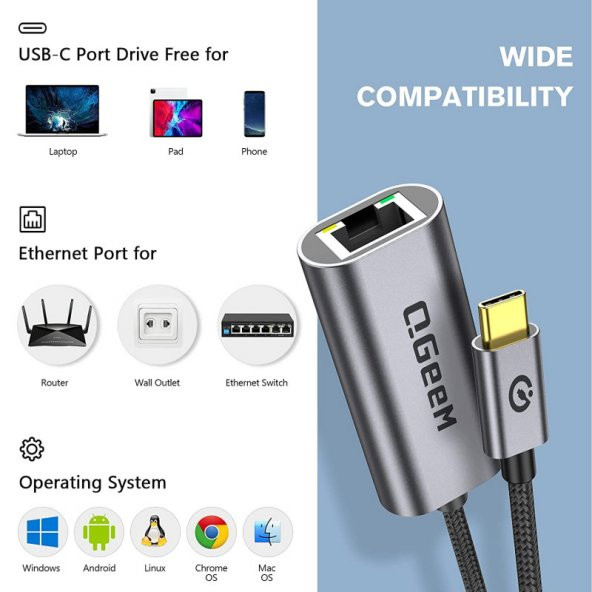 Qgeem USB Type-C to RJ45 Gigabit Ethernet Dönüştürücü Çoklayıcı Adaptör - 2
