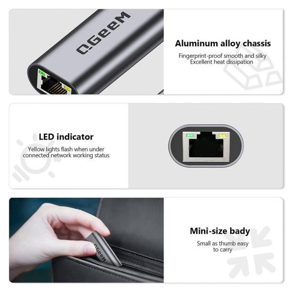 Qgeem USB Type-C to RJ45 Gigabit Ethernet Dönüştürücü Çoklayıcı Adaptör - 4