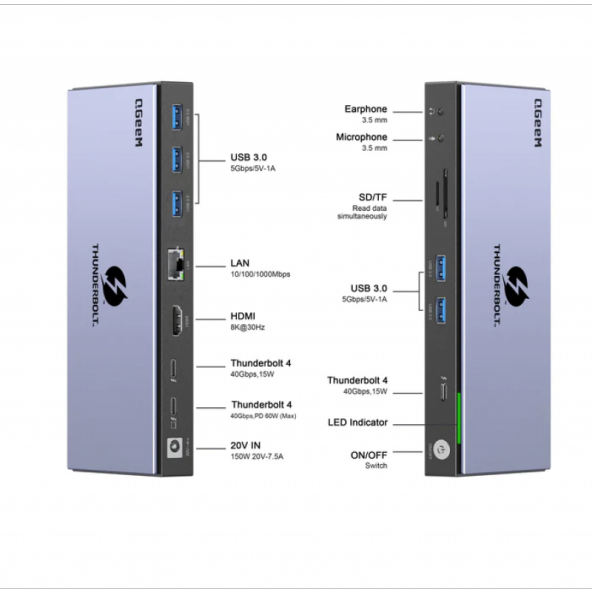 Qgeem Thunderbolt 4 Destekli Pro Docking Station 15 in 1 Type-C 40Gbps-PD 60W & 15W / Ethernet 1000Mbps / HDMI 8K 30Hz/ TF-SD Kart Okuyucu / USB 3.0 5 Gbps / Kulaklık ve Mikrofon Çoklayıcı