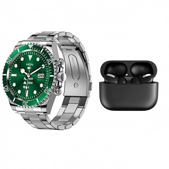 Bayer Rolex Series AW12 Pro Çelik Kayışlı Akıllı Saat + Airpods Pro Uyumlu Silikonlu Bluetooth Kulaklık