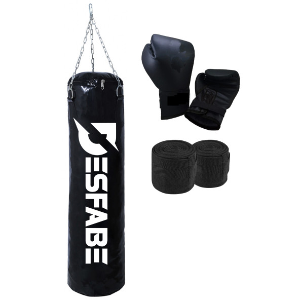 Desfabe Boxing Star 70x25 Cm Zincirli Boks Kum Torbası Siyah+El Sargı Bandajı+Boks Eldiveni