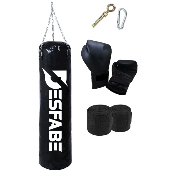 Desfabe Boxing Star 70x25 Cm Zincirli Boks Kum Torbası Siyah +Askı Aparatı+Boks Eldiveni+El Sargı Bandajı