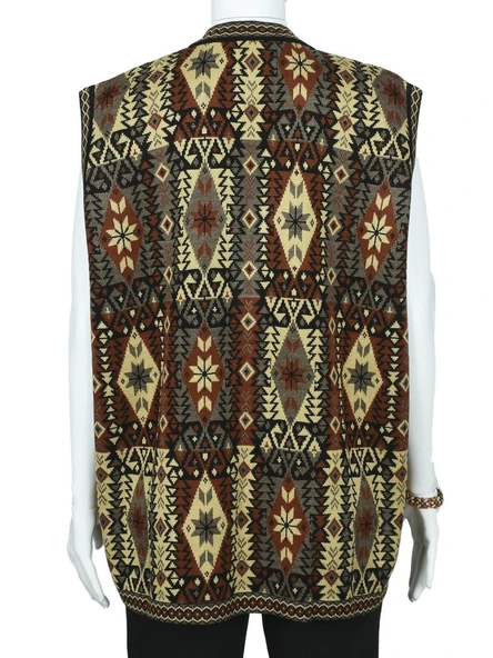 Kilim Desenli Üç Düğmeli Kırmızı Renk Kadın Triko Yelek - 11