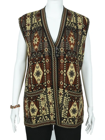 Kilim Desenli Üç Düğmeli Kırmızı Renk Kadın Triko Yelek - 10