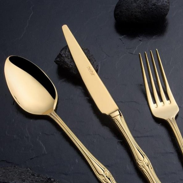 Nehir Lalezar Titanyum Gold Full Altın Parlak 84 Parça Kutulu Çatal Bıçak Set - 2