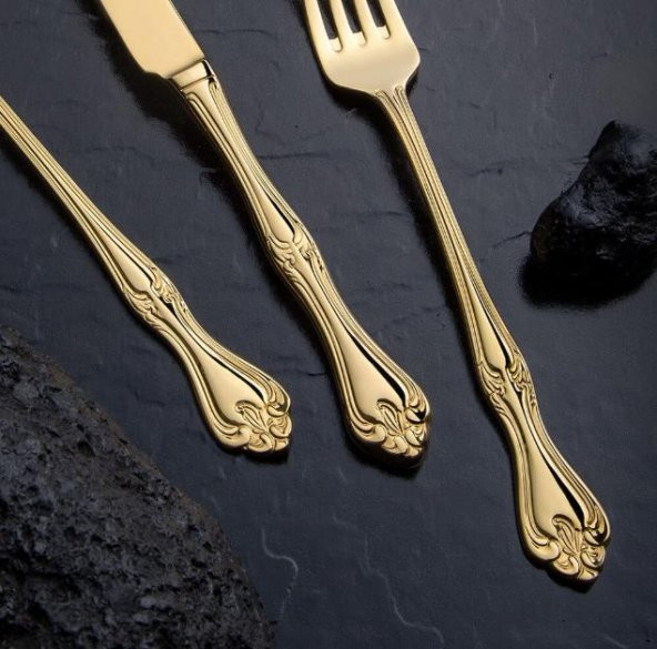 Nehir Lalezar Titanyum Gold Full Altın Parlak 84 Parça Kutulu Çatal Bıçak Set - 3