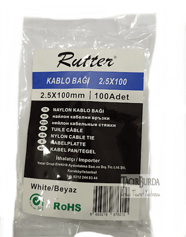 Rutter 100 Adet Siyah Renk 2.5 100mm Kablo Bağı Plastik Kelepçe.93.220.SYH.