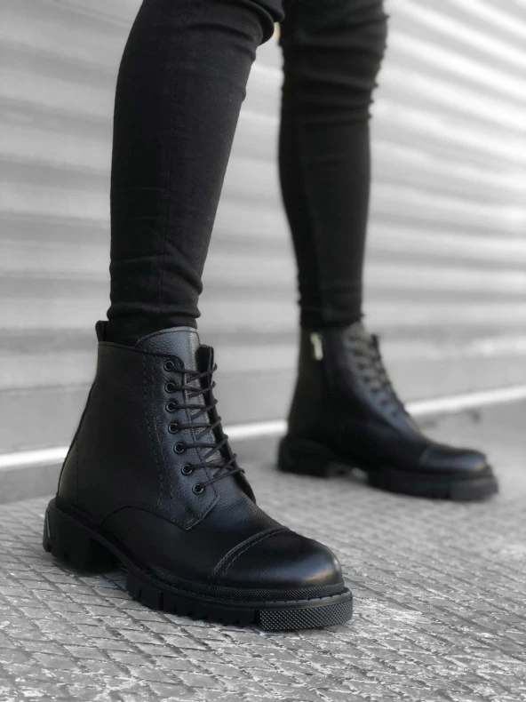 BA0187 İçi Dışı Hakiki Deri Siyah Erkek Fermuarlı Yarım Bot - 2