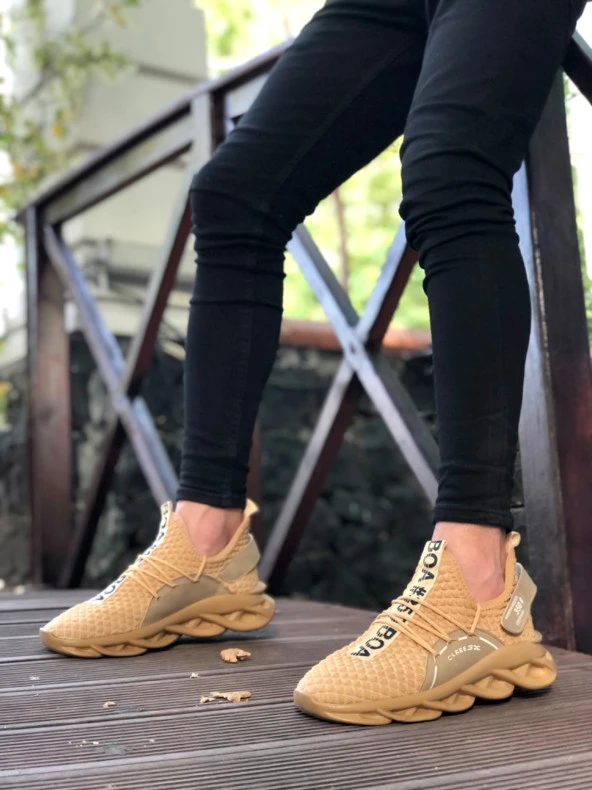BA0350 Yüksek Taban Tarz Sneakers Cırt Detaylı Krem Erkek Spor Ayakkabısı