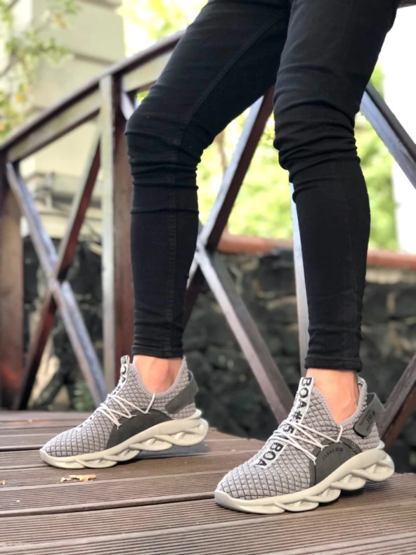 BA0350 Yüksek Taban Tarz Sneakers Cırt Detaylı Gri Erkek Spor Ayakkabısı ürün görseli 1