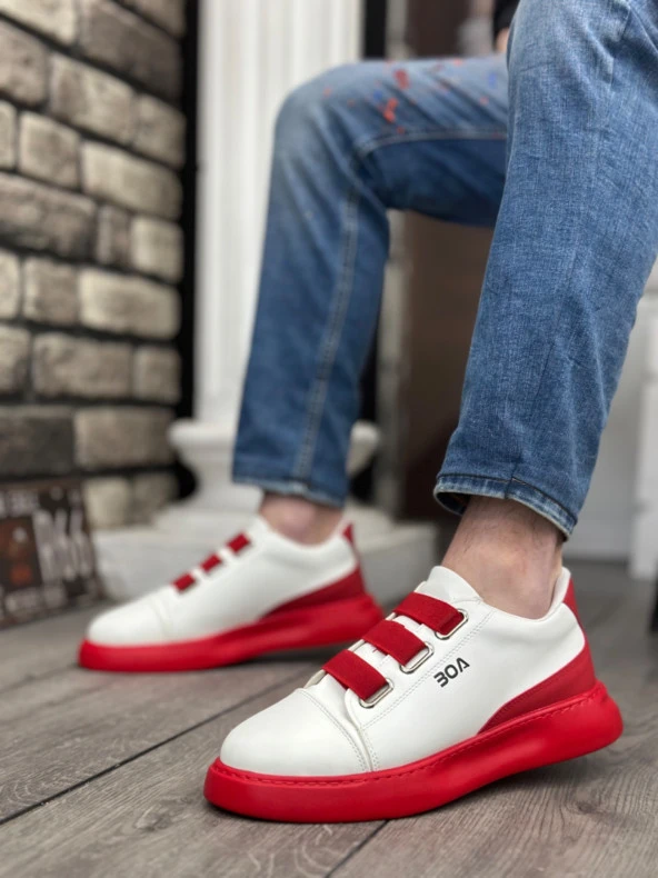 BA0329 3 Bant Beyaz Kırmızı Detaylı Kalın Taban Casual Erkek Ayakkabı - Resim 2