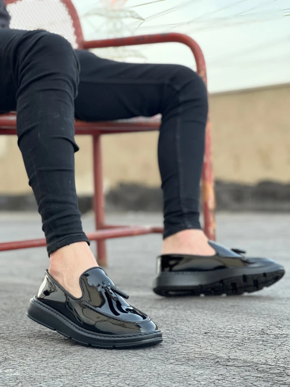 BA0005 Bağcıksız Yüksek Taban Siyah Rugan Klasik Püsküllü Corcik Erkek Ayakkabısı - Resim 2