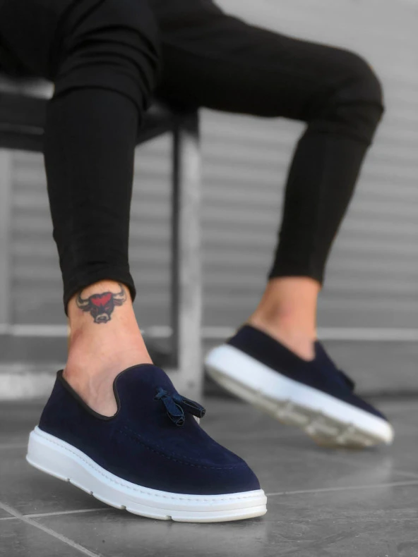 BA0005 Bağcıksız Yüksek Taban Lacivert Süet Klasik Püsküllü Corcik Erkek Ayakkabı - Resim 3