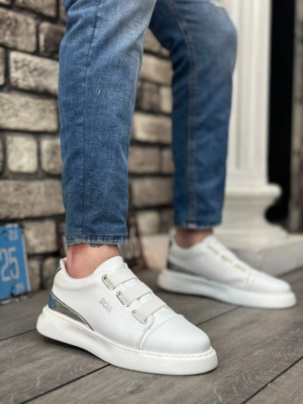 BA0329 3 Bant Beyaz Gümüş Detaylı Kalın Taban Casual Erkek Ayakkabı ürün görseli 1