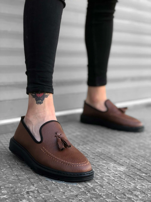 BA0005 Bağcıksız Yüksek Taban Klasik Taba Siyah Taban Püsküllü Erkek Ayakkabı - Resim 2