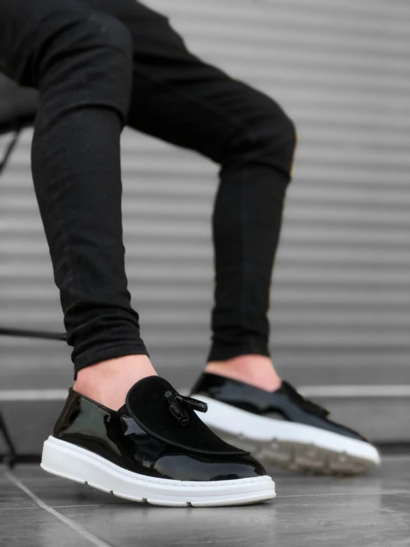 BA0005 Bağcıksız Yüksek Taban Siyah Beyaz Taban Klasik Süet Detaylı Püsküllü Corcik Erkek Ayakkabı - Resim 2