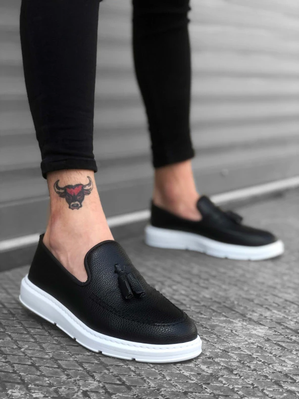 BA0005 Bağcıksız Yüksek Taban Siyah Beyaz Klasik Püsküllü Corcik Erkek Ayakkabı - Resim 2