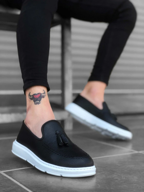 BA0005 Bağcıksız Yüksek Taban Siyah Beyaz Klasik Püsküllü Corcik Erkek Ayakkabı - Resim 3