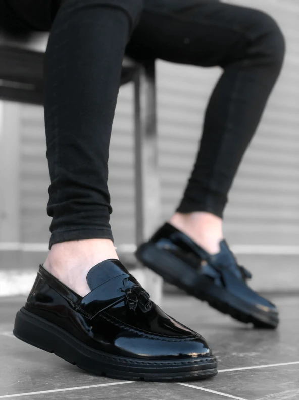 BA0005 Bağcıksız Yüksek Taban Klasik Rugan Kemerli Püsküllü Erkek Ayakkabı - Resim 2