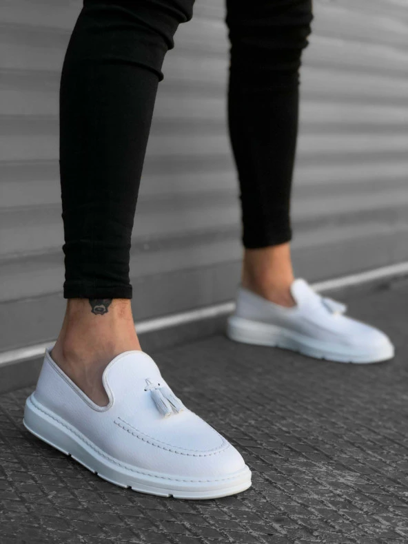 BA0005 Bağcıksız Yüksek Taban Klasik Beyaz Püsküllü Erkek Ayakkabı - Resim 2