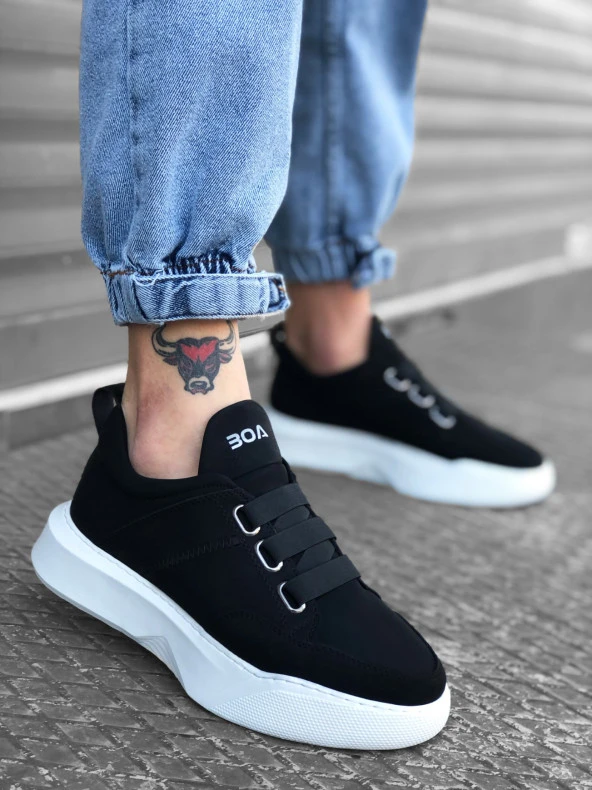 BA0160 Bantlı Erkek Yüksek Taban Siyah Beyaz Taban Spor Ayakkabı