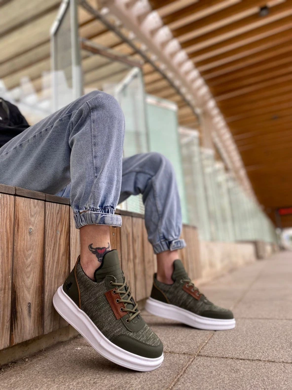 BA0606 Bağcıklı Rahat Yüksek Taban Haki Casual Erkek Spor Ayakkabı