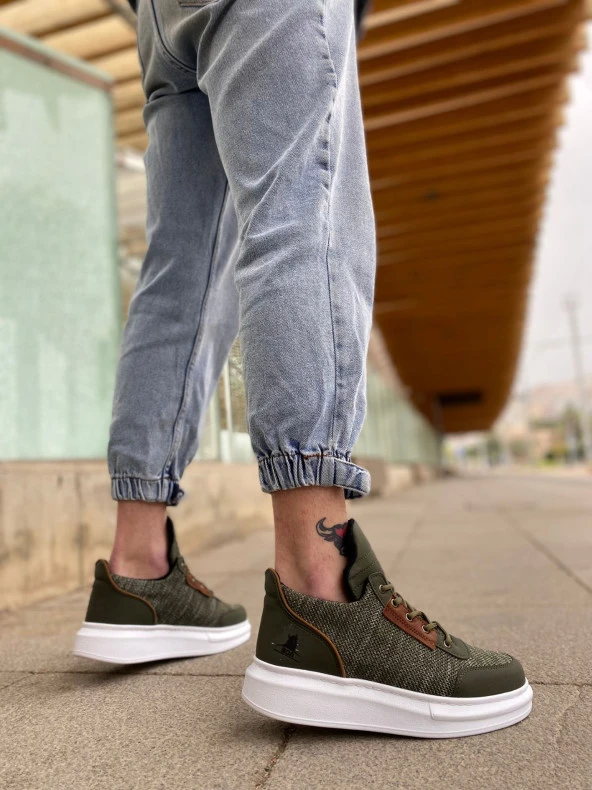 BA0606 Bağcıklı Rahat Yüksek Taban Haki Casual Erkek Spor Ayakkabı - Resim 2