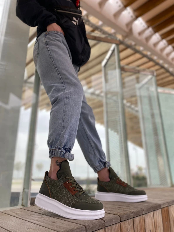 BA0606 Bağcıklı Rahat Yüksek Taban Haki Casual Erkek Spor Ayakkabı - Resim 3