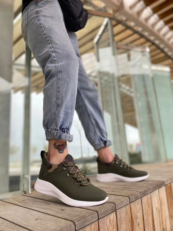 BA0601 Bağcıklı Rahat Yüksek Taban Haki Kamuflaj Casual Erkek Spor Ayakkabı - Resim 2
