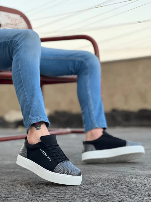 BA0104 Bağcıklı Siyah Ekose Süet Beyaz Taban Spor Klasik Erkek Ayakkabı - Resim 3
