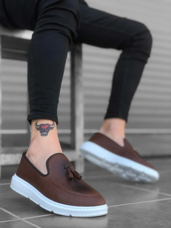 BA0005 Bağcıksız Yüksek Taban Taba Beyaz Klasik Püsküllü Corcik Erkek Ayakkabı - Resim 3