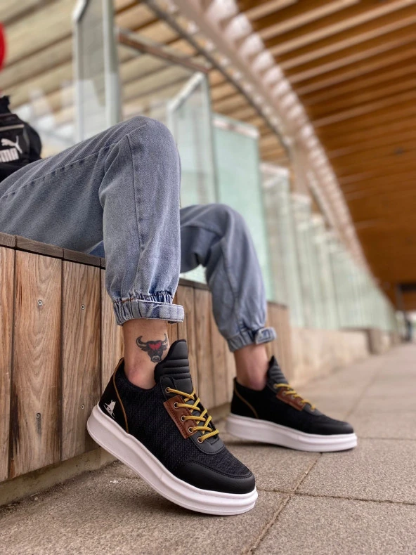 BA0606 Bağcıklı Rahat Yüksek Taban Siyah Desenli Casual Erkek Spor Ayakkabı