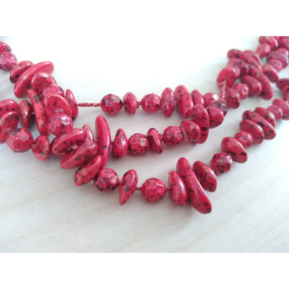 ÜÇ SIRALI KIRMIZI BUNCUKLU BAYAN KOLYESİ, ÜÇLÜ KIRMIZI BONCUK KOLYE - ÜÇLÜ KIRMIZI KOLYE