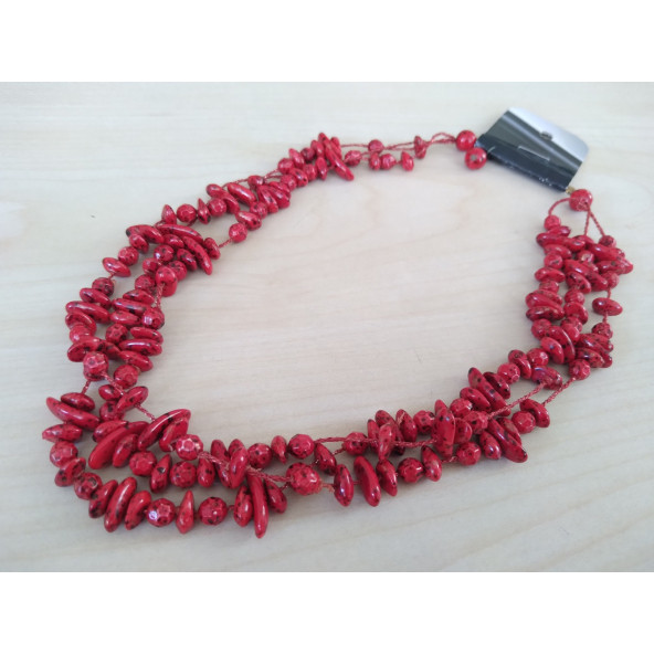 ÜÇ SIRALI KIRMIZI BUNCUKLU BAYAN KOLYESİ, ÜÇLÜ KIRMIZI BONCUK KOLYE - ÜÇLÜ KIRMIZI KOLYE - 2