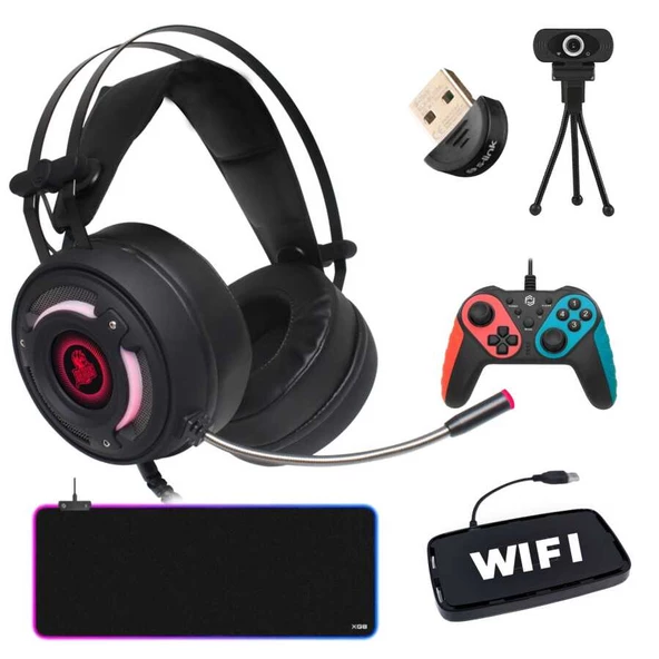 Turbox TRX-102 Bundle Kablolu Kulaklık Oyun Kolu Webcam Wifi Bluetooth RGB Mouse Pad Oyuncu Seti