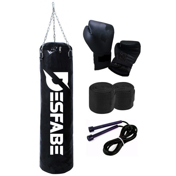 Desfabe Boxing Star 70x25 Cm Zincirli Boks Kum Torbası Siyah+El Sargı Bandajı+Boks Eldiveni+Atlama İpi