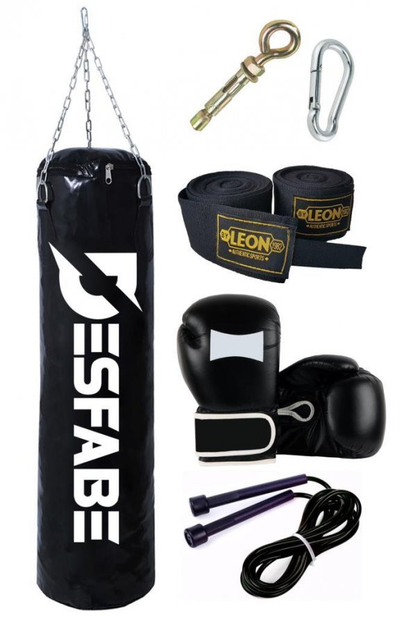 Desfabe Boxing Star 70x25 Cm Zincirli Boks Kum Torbası Siyah+Askı Aparatı+Boks Eldiveni+El Bandajı+Atlama İpi