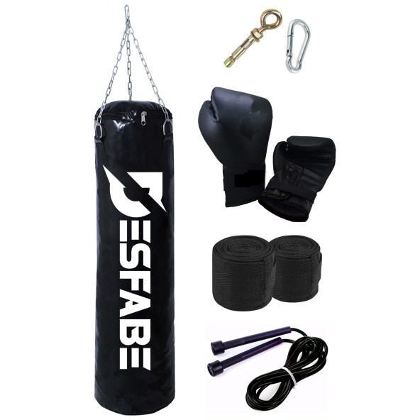 Desfabe Boxing Star 70x25 Cm Zincirli Boks Kum Torbası Siyah+Askı Aparatı+Boks Eldiveni+El Bandajı+Atlama İpi