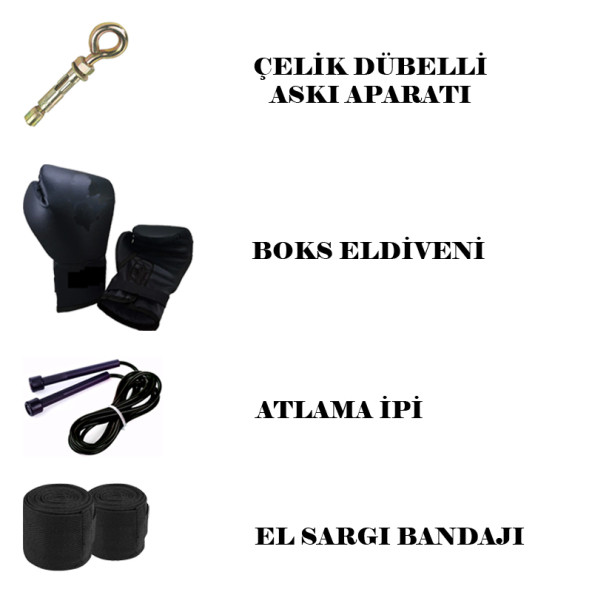 Desfabe Boxing Star 70x25 Cm Zincirli Boks Kum Torbası Siyah+Askı Aparatı+Boks Eldiveni+El Bandajı+Atlama İpi - 2