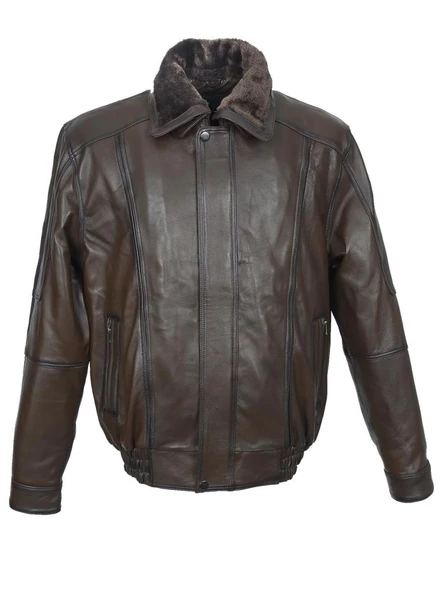 Yakası ve İçi Peluşlu Battal Beden Fındık Renk Erkek Deri Mont - 6