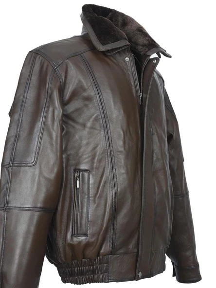 Yakası ve İçi Peluşlu Battal Beden Fındık Renk Erkek Deri Mont - 12