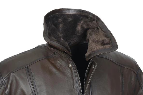 Yakası ve İçi Peluşlu Battal Beden Fındık Renk Erkek Deri Mont - 8