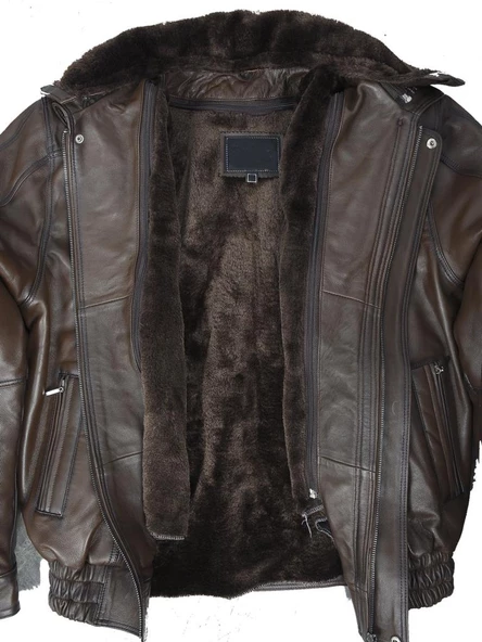 Yakası ve İçi Peluşlu Battal Beden Fındık Renk Erkek Deri Mont - 4