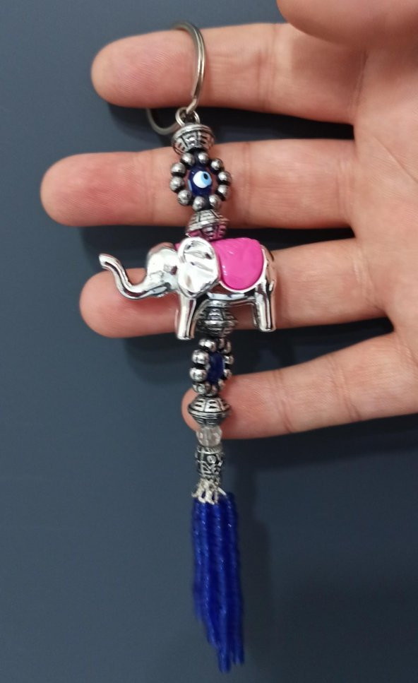 Nazar Boncuklu Boncuk Püsküllü Pembe Filli Anahtarlık - 2