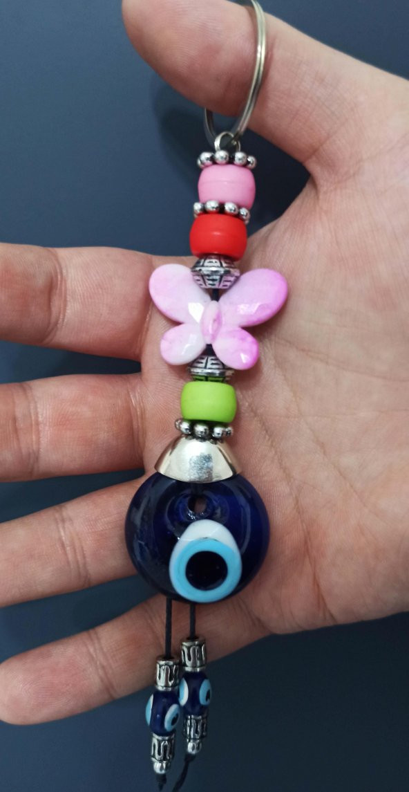 Nazar Boncuklu Pembe Kelebekli Renkli Boncuklu Anahtarlık - 2