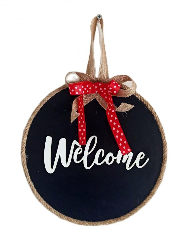 Welcome Yazılı Kırmızı Kurdeleli Ahşap Siyah Kapı Süsü ürün görseli