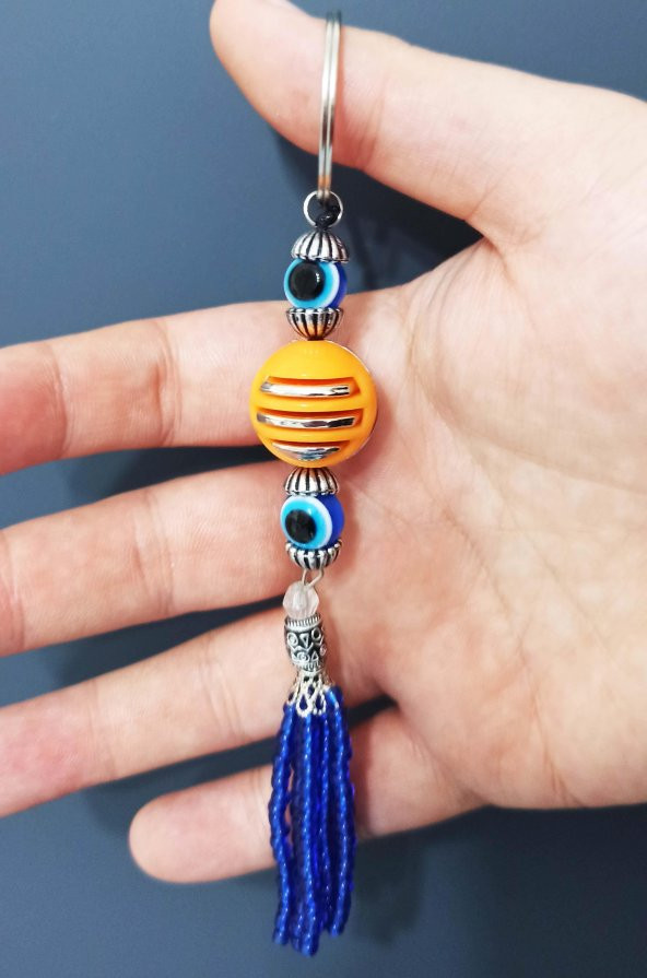 Nazar Boncuklu Mavi Püsküllü Turuncu Toplu Anahtarlık - 3