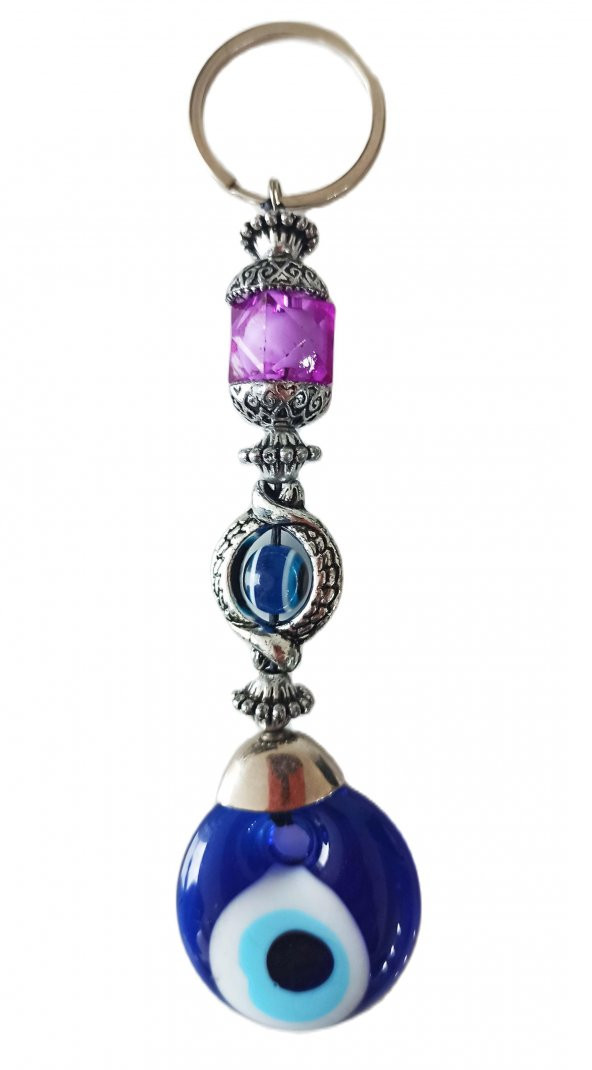 Nazar Boncuklu Mor Kristal Taşlı Anahtarlık