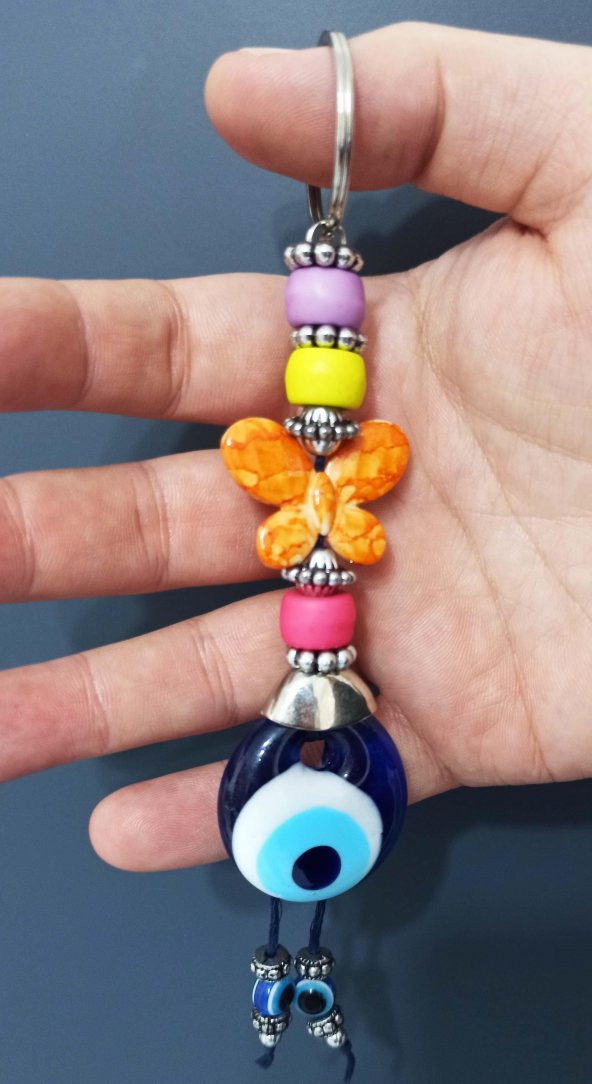 Nazar Boncuklu Turuncu Kelebekli Renkli Boncuklu Anahtarlık